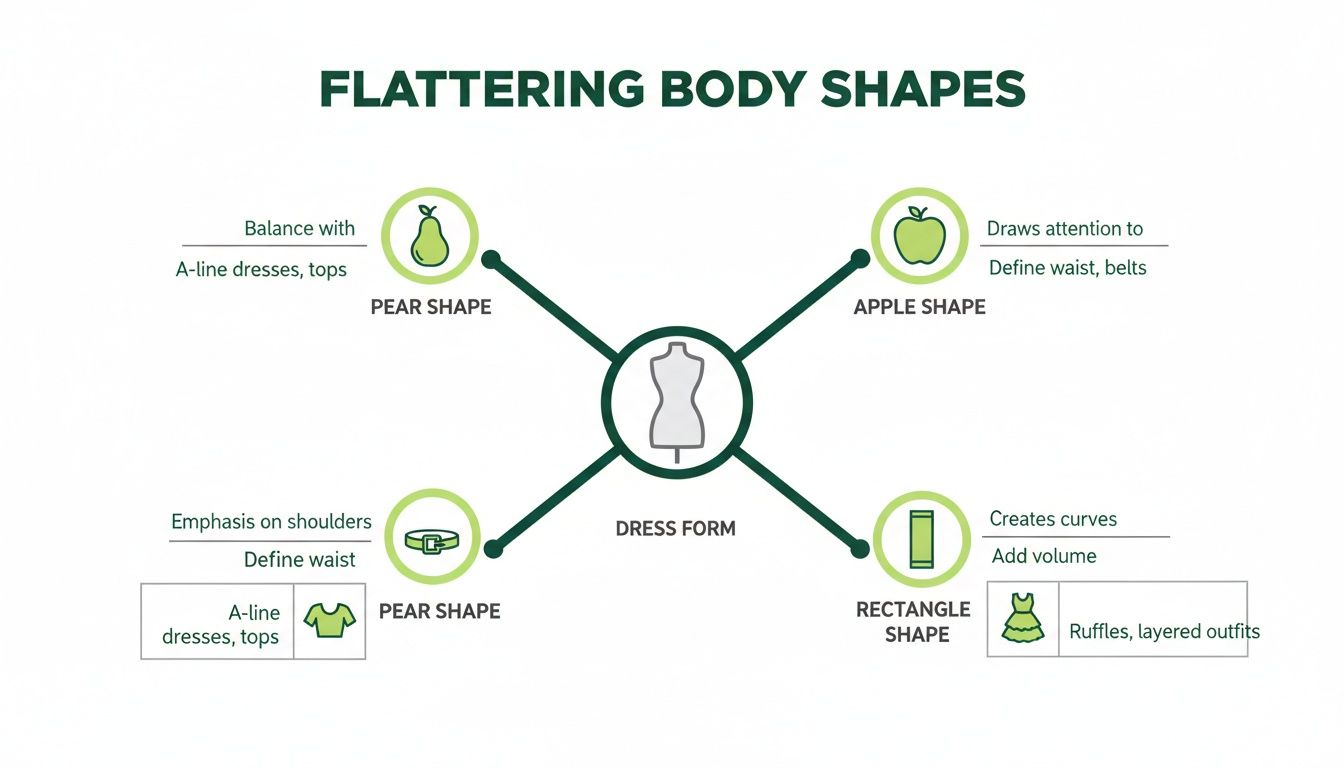 Infographic showing flattering clothing tips for pear, apple, and rectangle body shapes, centered around a dress form.