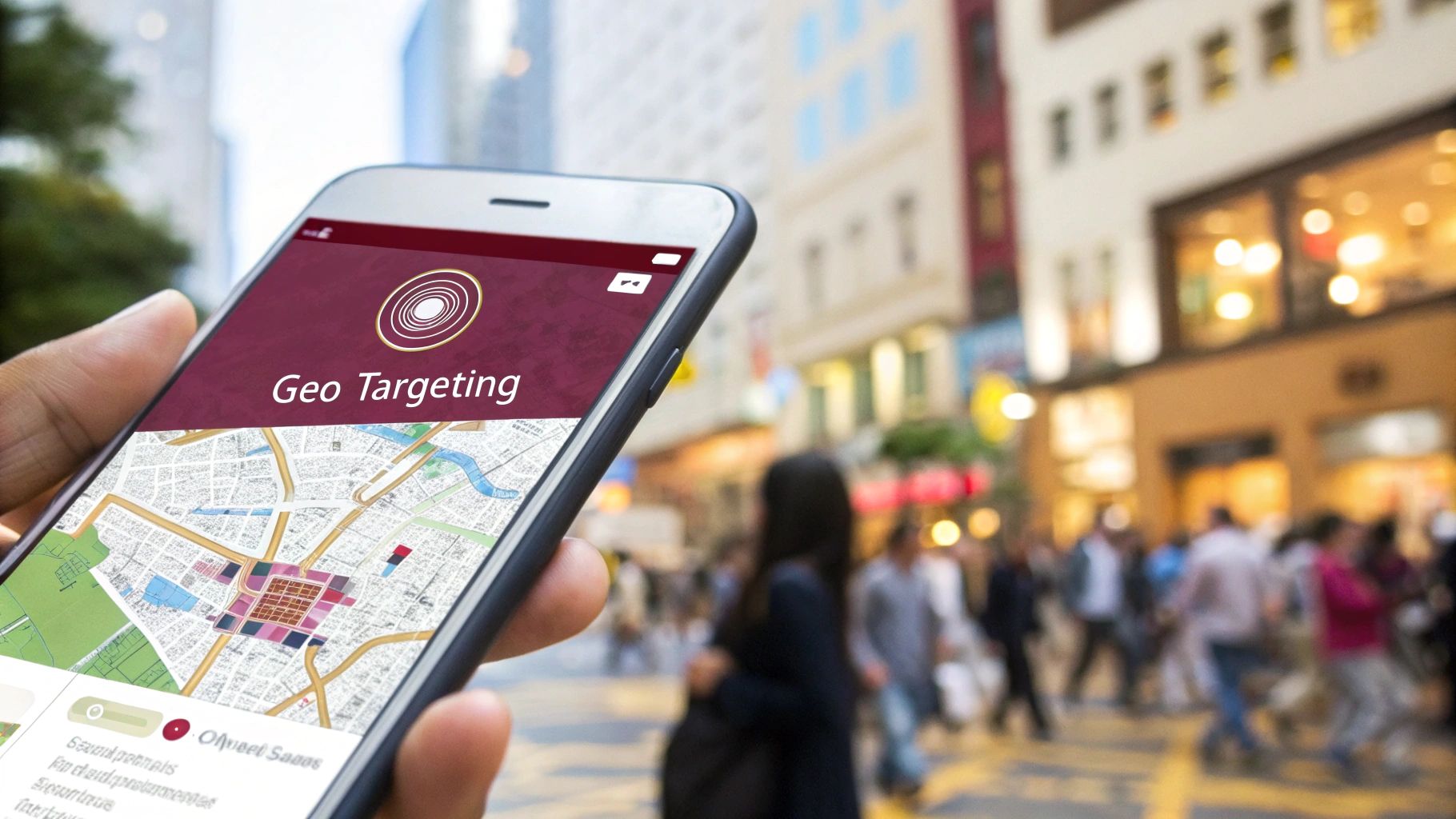 Person holding smartphone with "Geo Targeting" app, featuring city map. Blurred Jenks street and crowds in the background, conveying urban life.