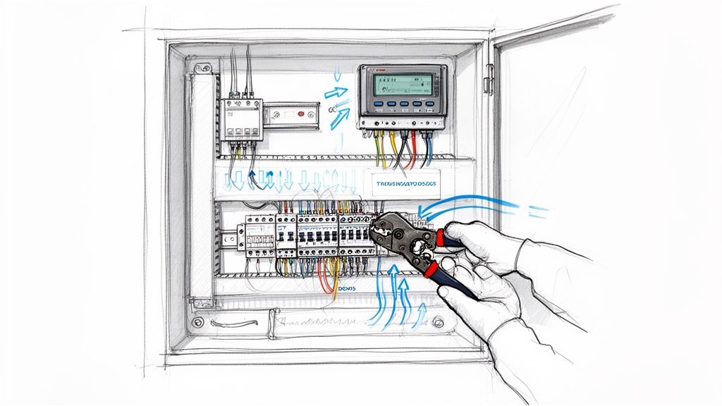 Hands using a crimping tool to work on wiring inside an open electrical control panel with components.