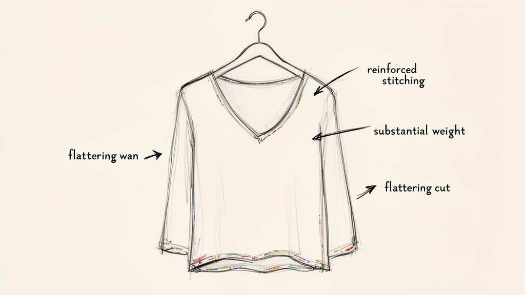 A sketch of a V-neck top on a hanger, detailing reinforced stitching, substantial weight, flattering cut, and flattering wan.