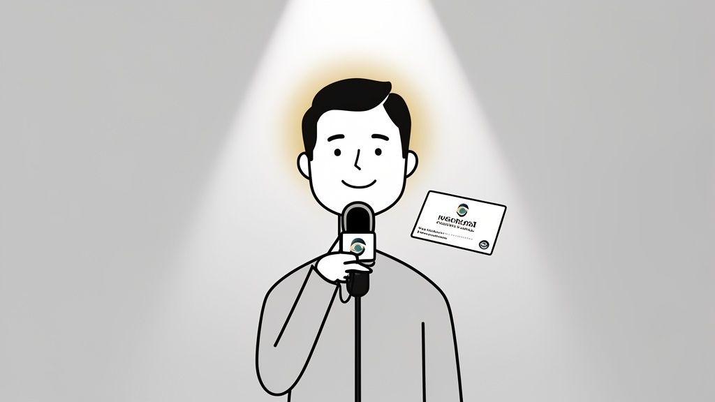 A smiling cartoon man holds a microphone under a spotlight, with a professional card.