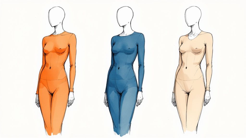 Three stylized female figures showcase form-fitting full-body outfits in orange, blue, and beige.