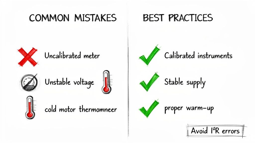 Visual aid highlighting common measurement mistakes versus best practices for accurate data collection, emphasizing calibration, stable supply, and warm-up.