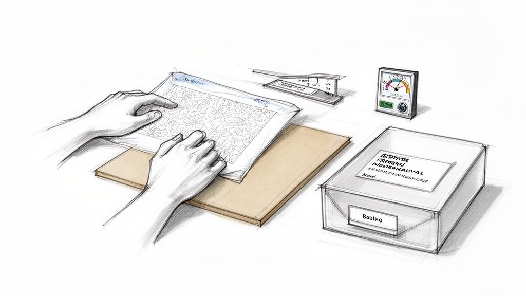 Sketch of hands carefully handling a floral sewing pattern, with craft tools and a storage box.