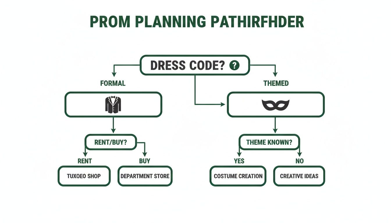 Flowchart illustrating prom dress code planning decisions, covering formal attire and themed costume options.