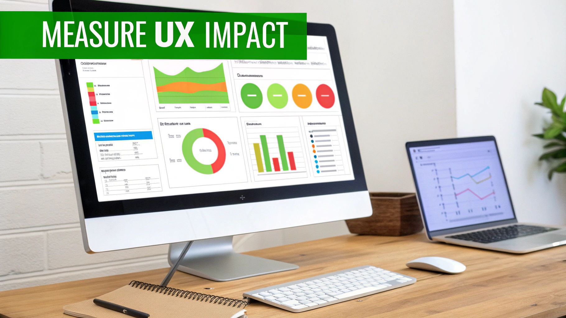 A professional workspace with a monitor displaying UX analytics charts and a laptop, emphasizing measuring user experience impact.