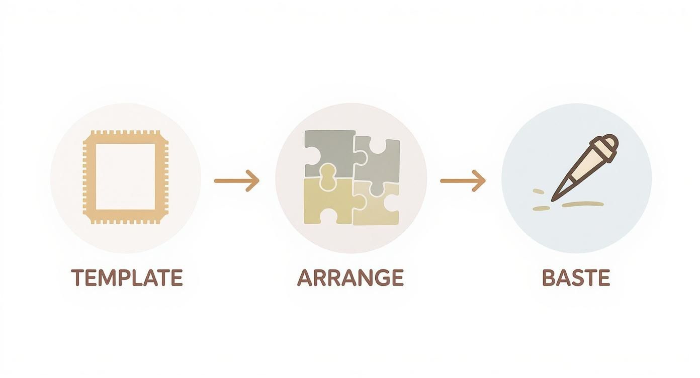 A three-step diagram illustrating template creation, arranging puzzle pieces, and basting for a craft process.