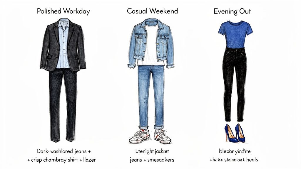 Three distinct denim outfits illustrating polished workday, casual weekend, and evening out styles.