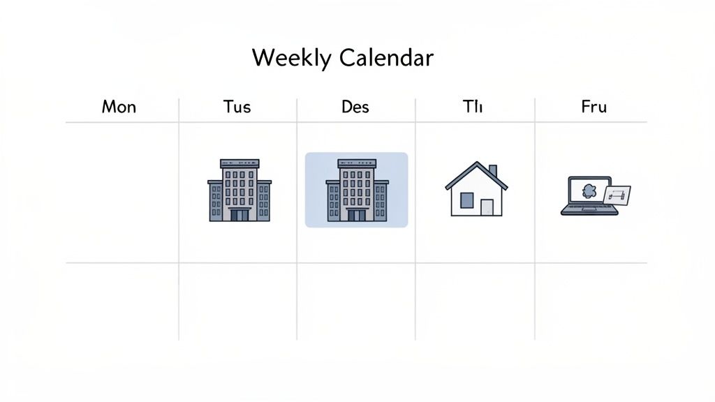 A weekly calendar displaying a 3-2 hybrid work schedule with designated office and remote days.