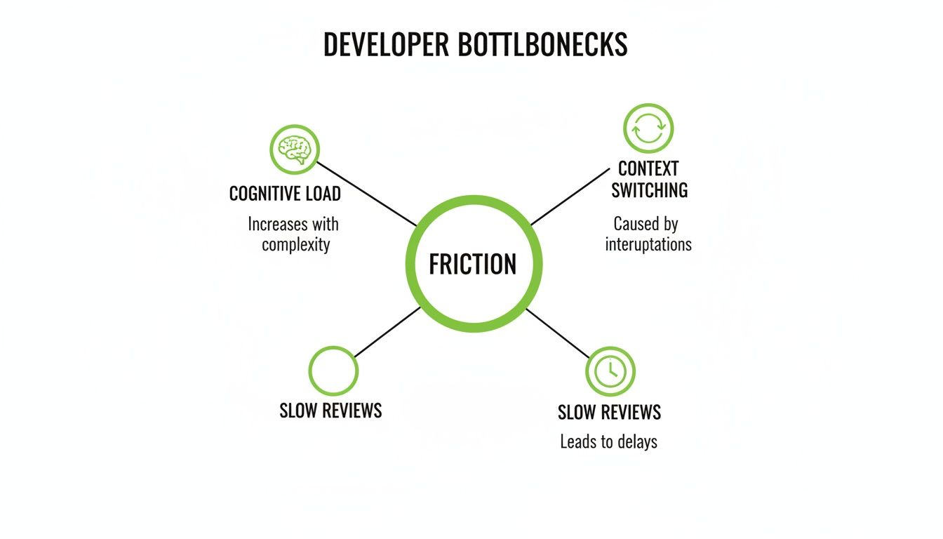 Diagram illustrating developer bottlenecks: cognitive load, context switching, and slow reviews, all causing friction.