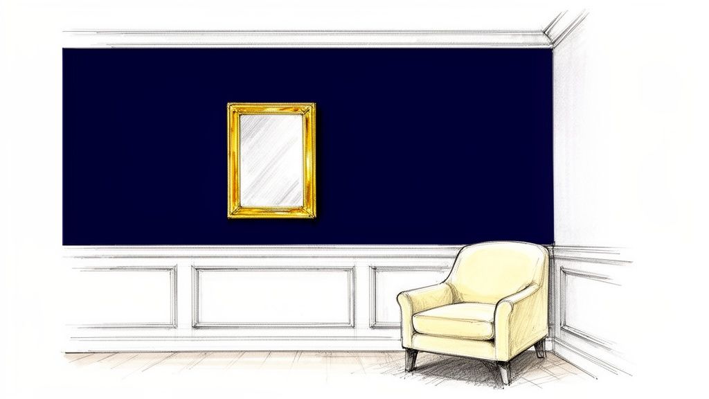 A beautiful sketch of a living room with a navy blue accent wall, a gold mirror, and a yellow armchair.