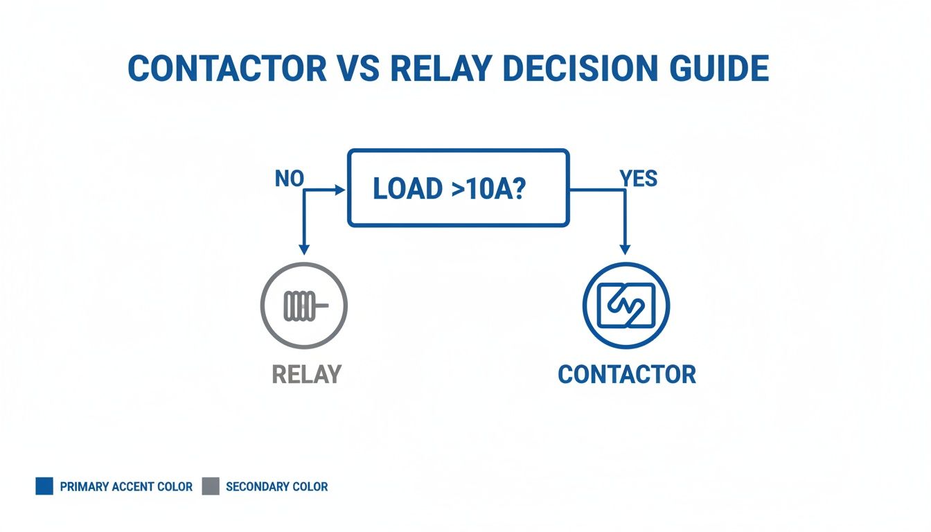 Decision guide comparing contactor and relay based on electrical load current. Relays are for loads 10A or less, contactors for loads greater than 10A.