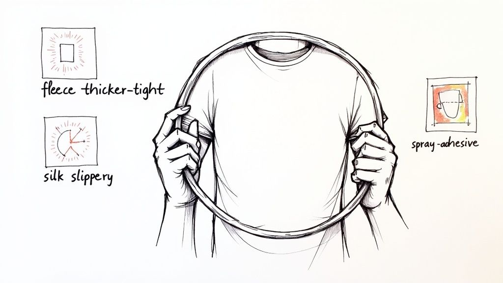 Hands hold a t-shirt in an embroidery hoop, illustrating different fabric stabilizers like fleece, silk, and spray adhesive.