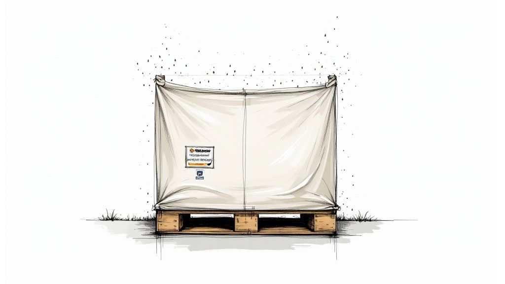 Illustration of a large palletized product covered with a protective white stretch hood.