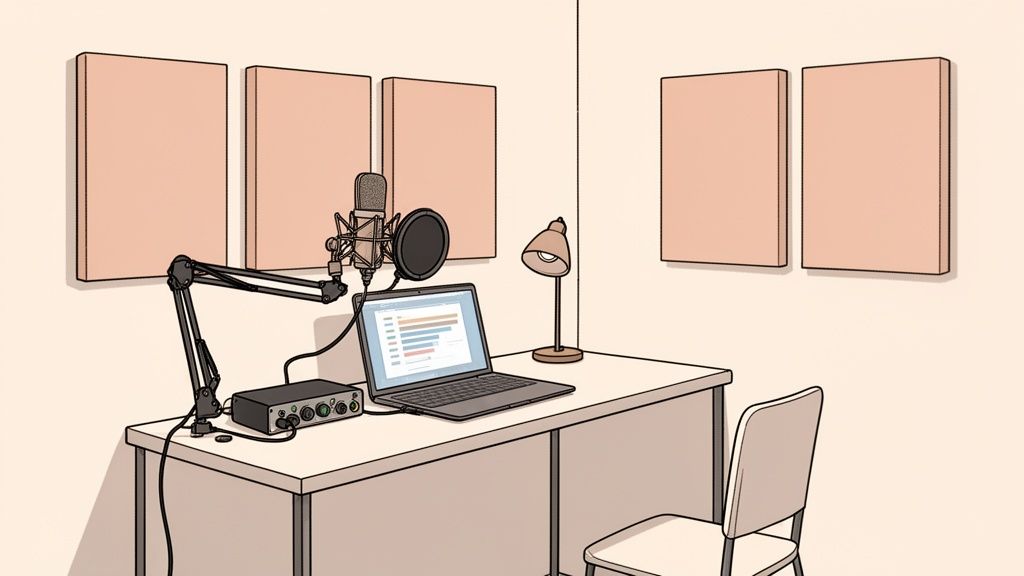 A minimalist podcast recording studio setup with a microphone, laptop, and acoustic panels.