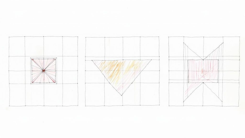 Geometric patterns on a grid: a red starburst, a yellow triangle, and a red abstract shape.