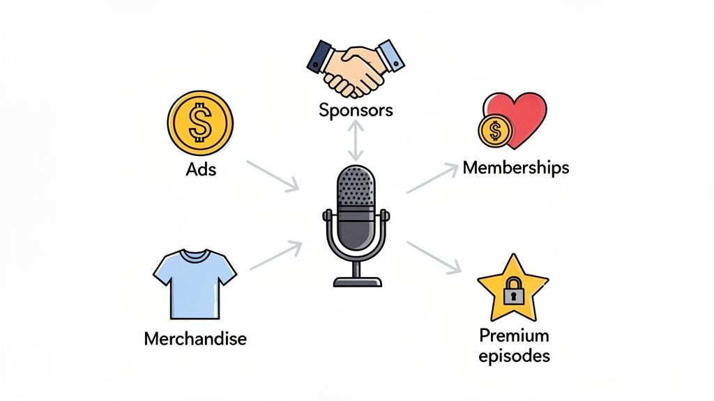 A photograph of a podcaster speaking into a professional microphone in a well-lit home studio setup.