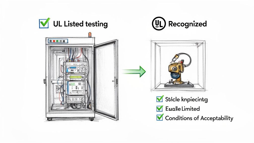 Diagram showing the difference between UL Listed testing for a full system and UL Recognized components.