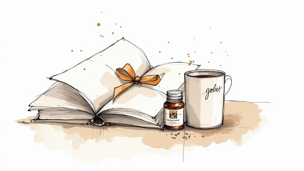Sketch of an open book with an orange ribbon, a mug of coffee, and a small bottle.