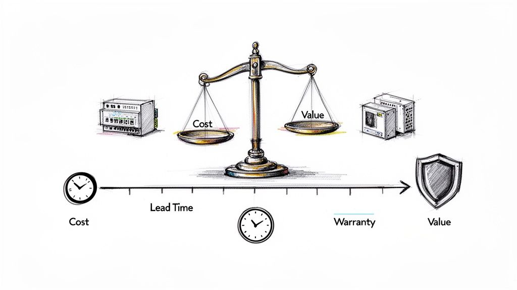 A diagram illustrates balancing cost and value for industrial control panels, considering lead time and warranty.