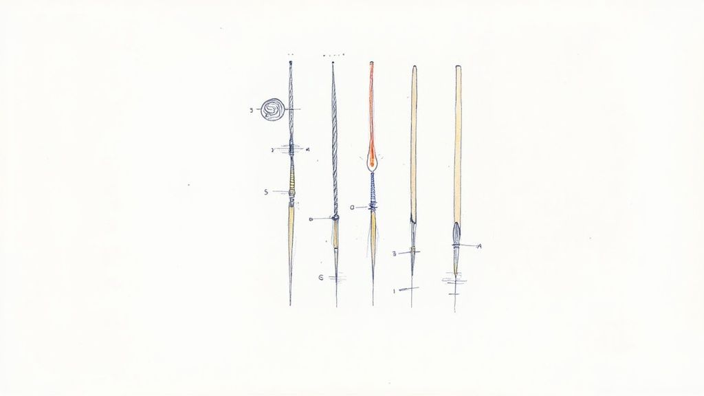 A detailed diagram illustrating six different types or stages of sewing machine needles with various features and labels.