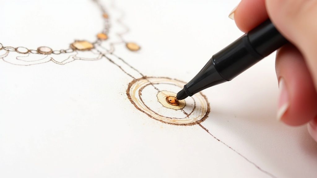 A crafter carefully placing a rhinestone onto a piece of fabric with a precision tool.