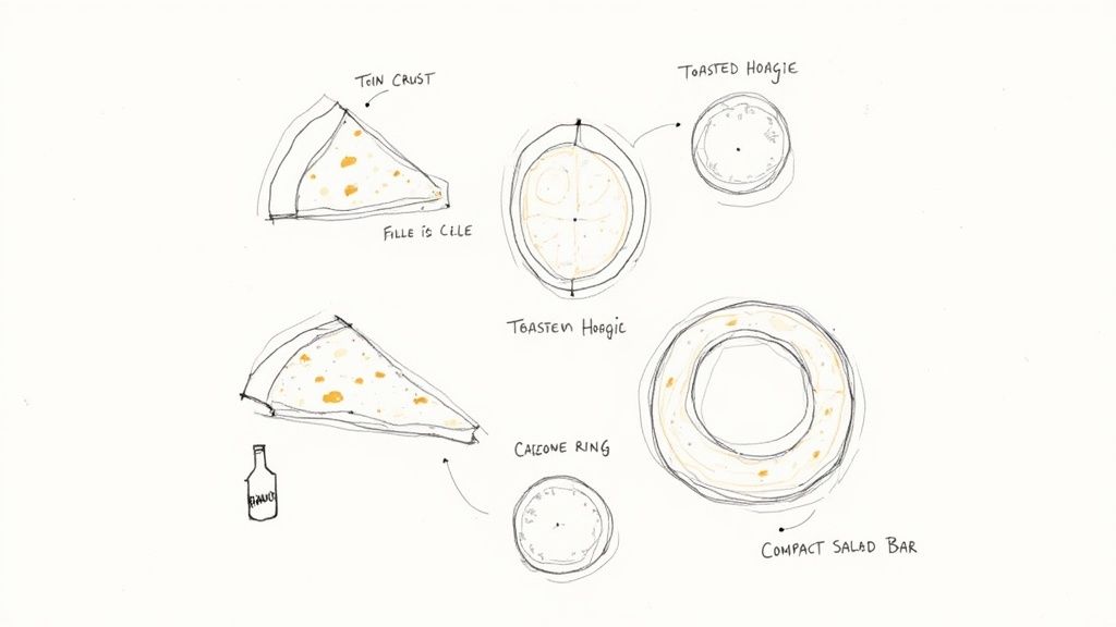 A variety of Mazzio&#39;s menu items including pizza, sandwiches, and salad.