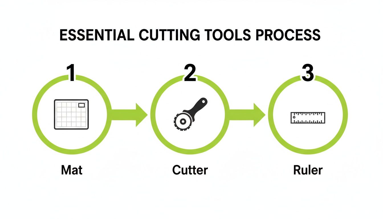 A diagram illustrating the essential cutting tools process, featuring a mat, a rotary cutter, and a ruler.
