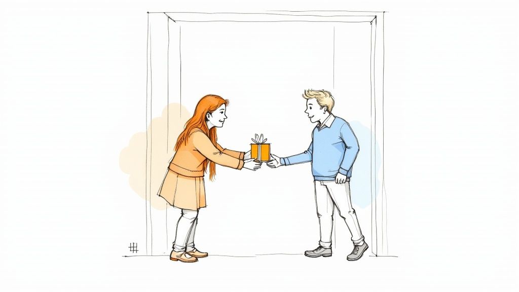 Woman giving wrapped gift box to man in doorway as thoughtful hostess present