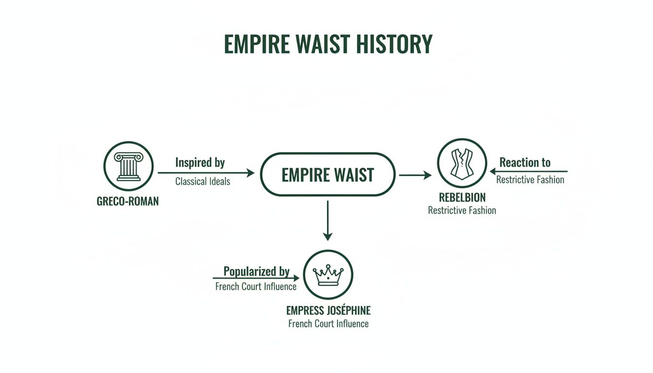 Diagram illustrating the history of the Empire Waist, inspired by Greco-Roman ideals and popularized by Empress Joséphine.