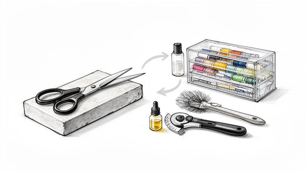 Illustration of various sewing notions and tools like scissors, thread organizer, oils, rotary cutter, and brush.
