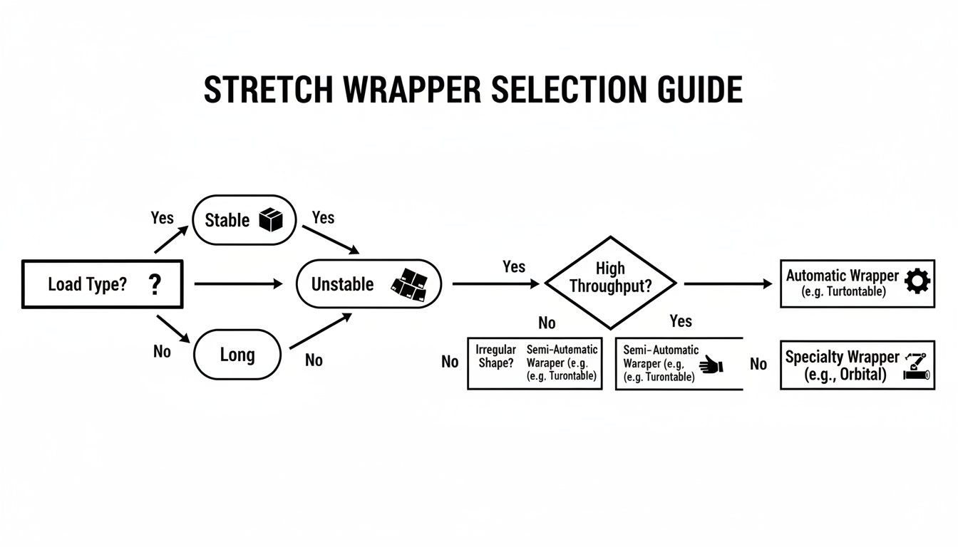 Flowchart guiding the selection of stretch wrappers based on load type, stability, shape, and throughput.