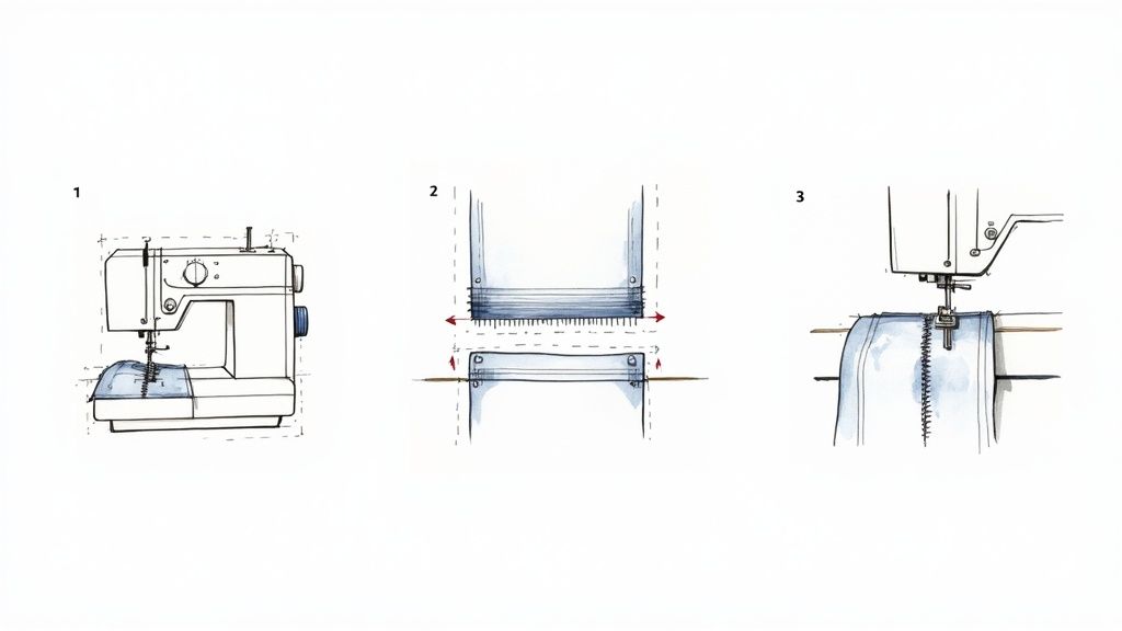 Three illustrated steps showing a sewing machine stitching fabric, including gathering and sewing techniques.