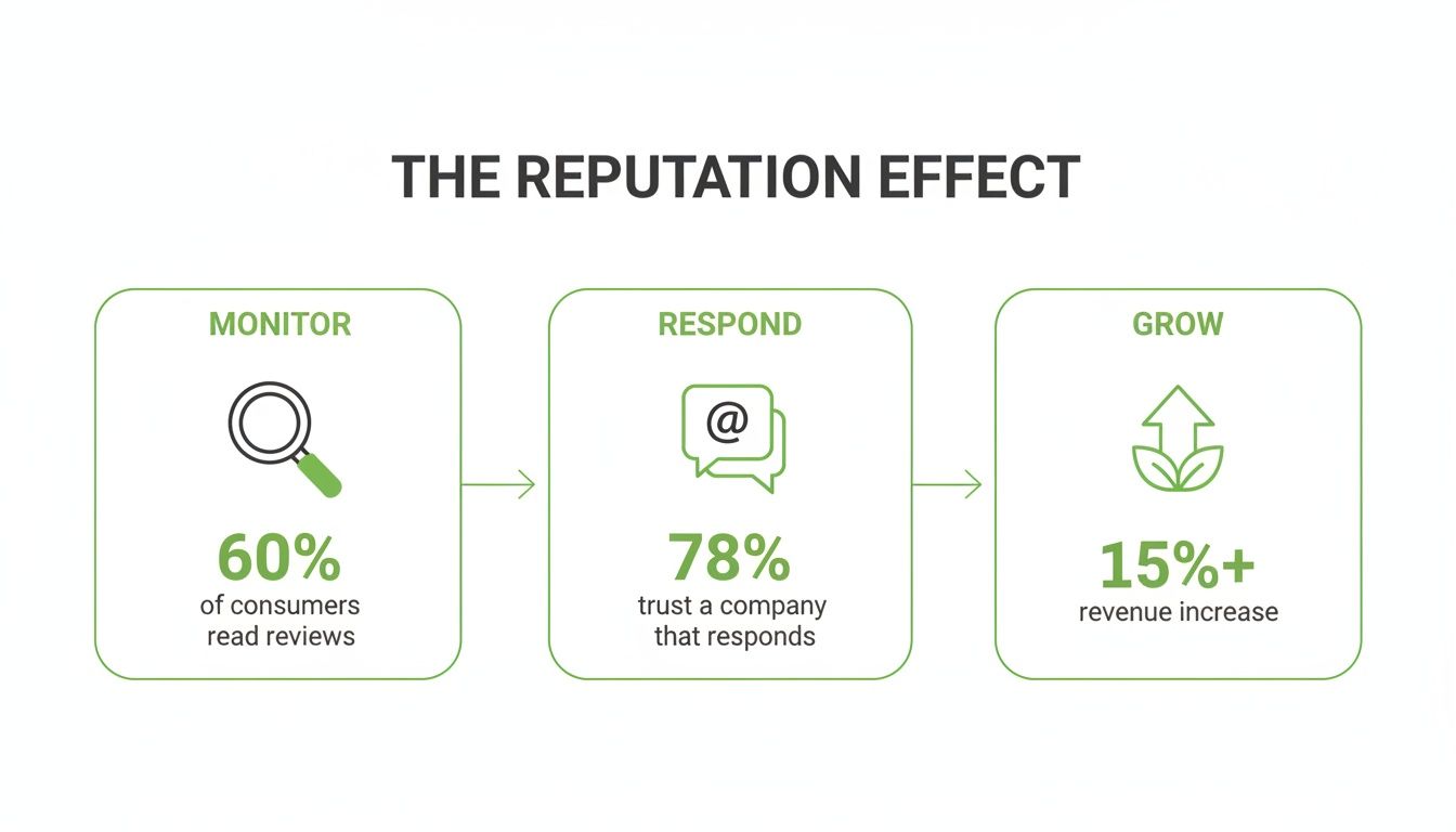 Infographic showing the reputation effect: monitor reviews, respond to build trust, and grow revenue.