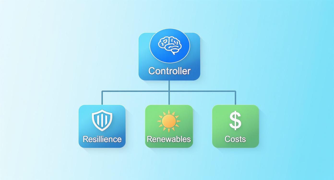 A diagram illustrating a central controller balancing resilience, renewables, and costs with icons.
