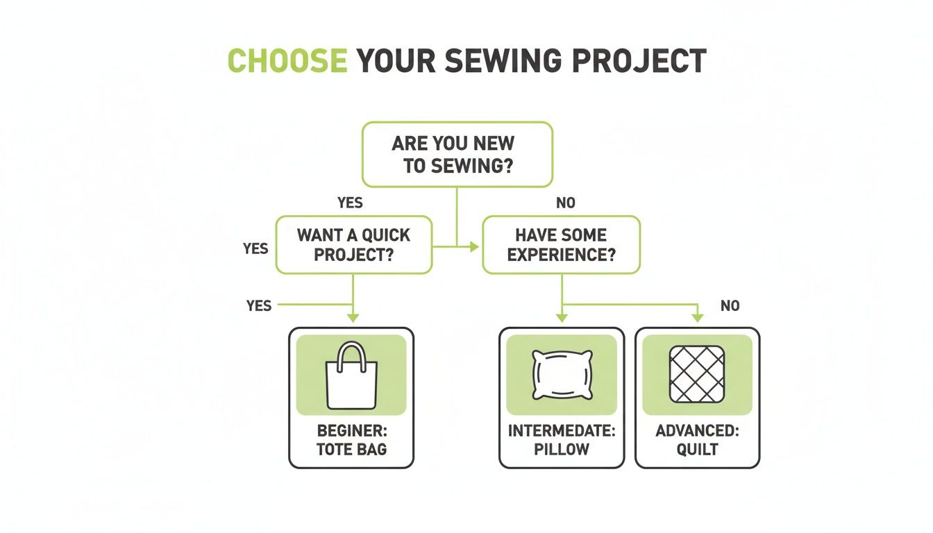 Flowchart for choosing a sewing project: beginner tote bag, intermediate pillow, or advanced quilt.
