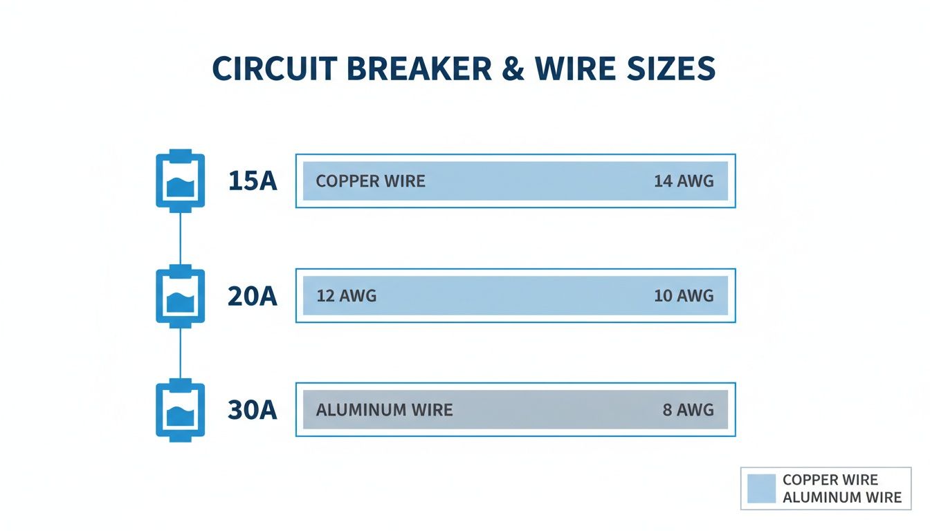 Chart showing circuit breaker amperage with recommended copper and aluminum wire sizes.