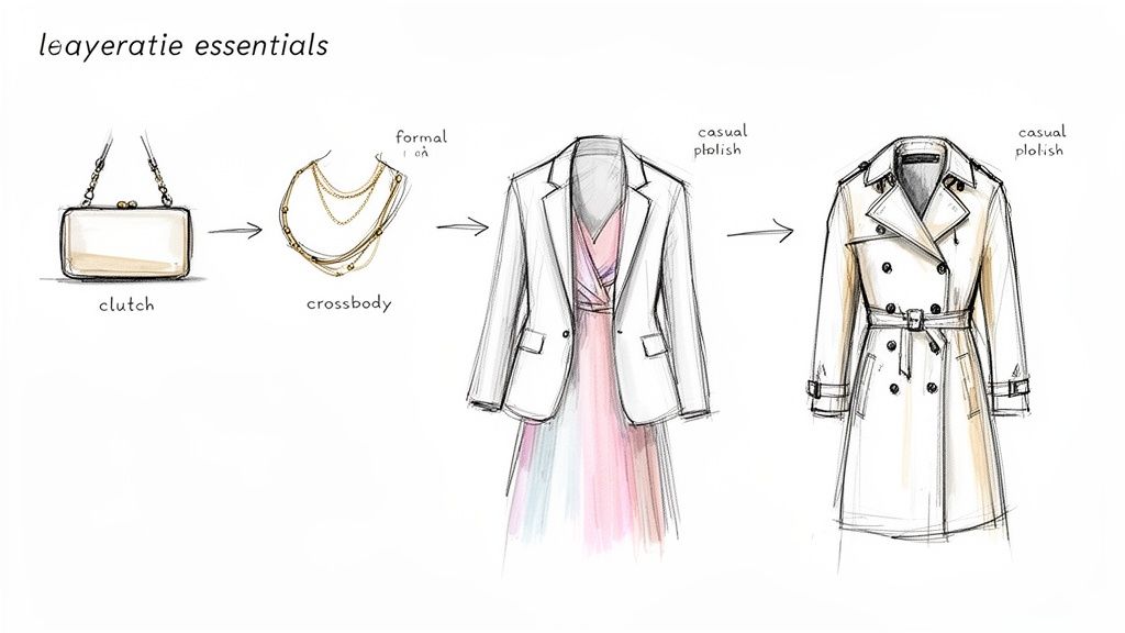Fashion illustrations showing how to layer clothes and accessories, from a clutch to a trench coat.