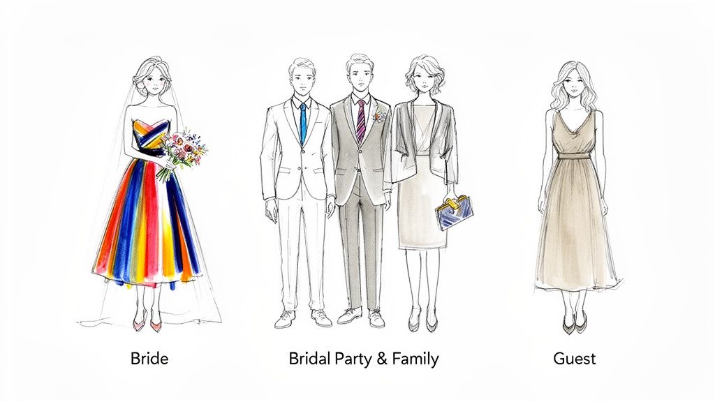 A whimsical illustration shows a bride in a rainbow dress, a bridal party in formal wear, and a guest in a flowing beige dress.