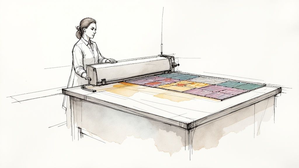 A person using a longarm quilting machine to stitch a large, colorful quilt.