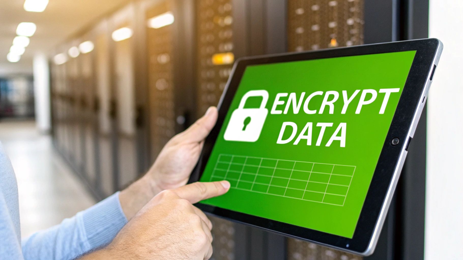 A person holds a tablet displaying 'ENCRYPT DATA' and a padlock icon in a server room.