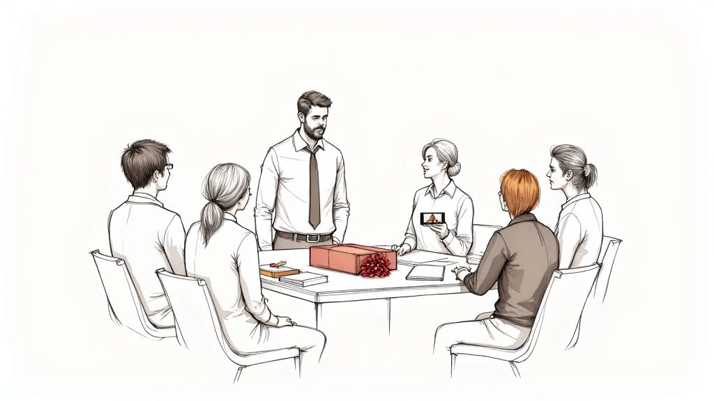 A diverse group of coworkers gather around a table with a gift, celebrating a colleague's retirement.