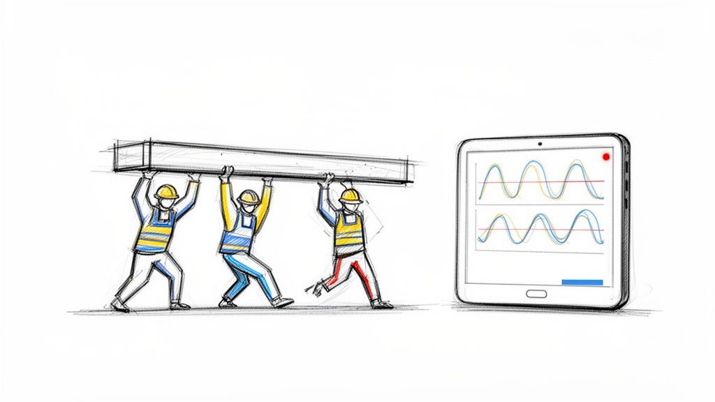 Sketch of three construction workers collaboratively carrying a long beam, next to a tablet displaying various data waveforms.
