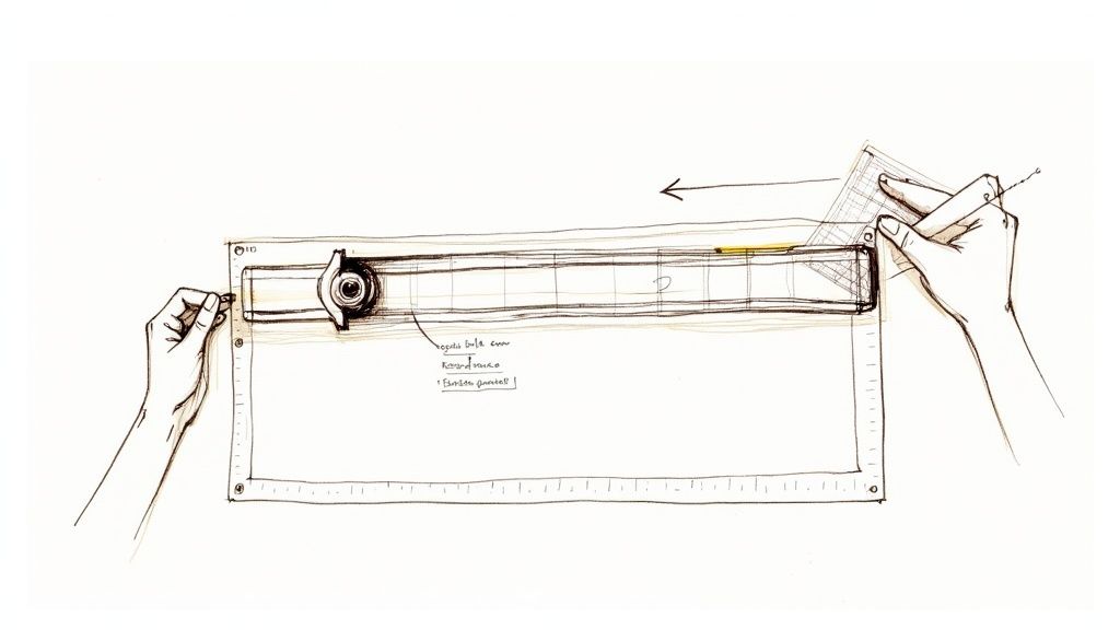 Hands using a long transparent quilting ruler on fabric for precise cutting and measuring