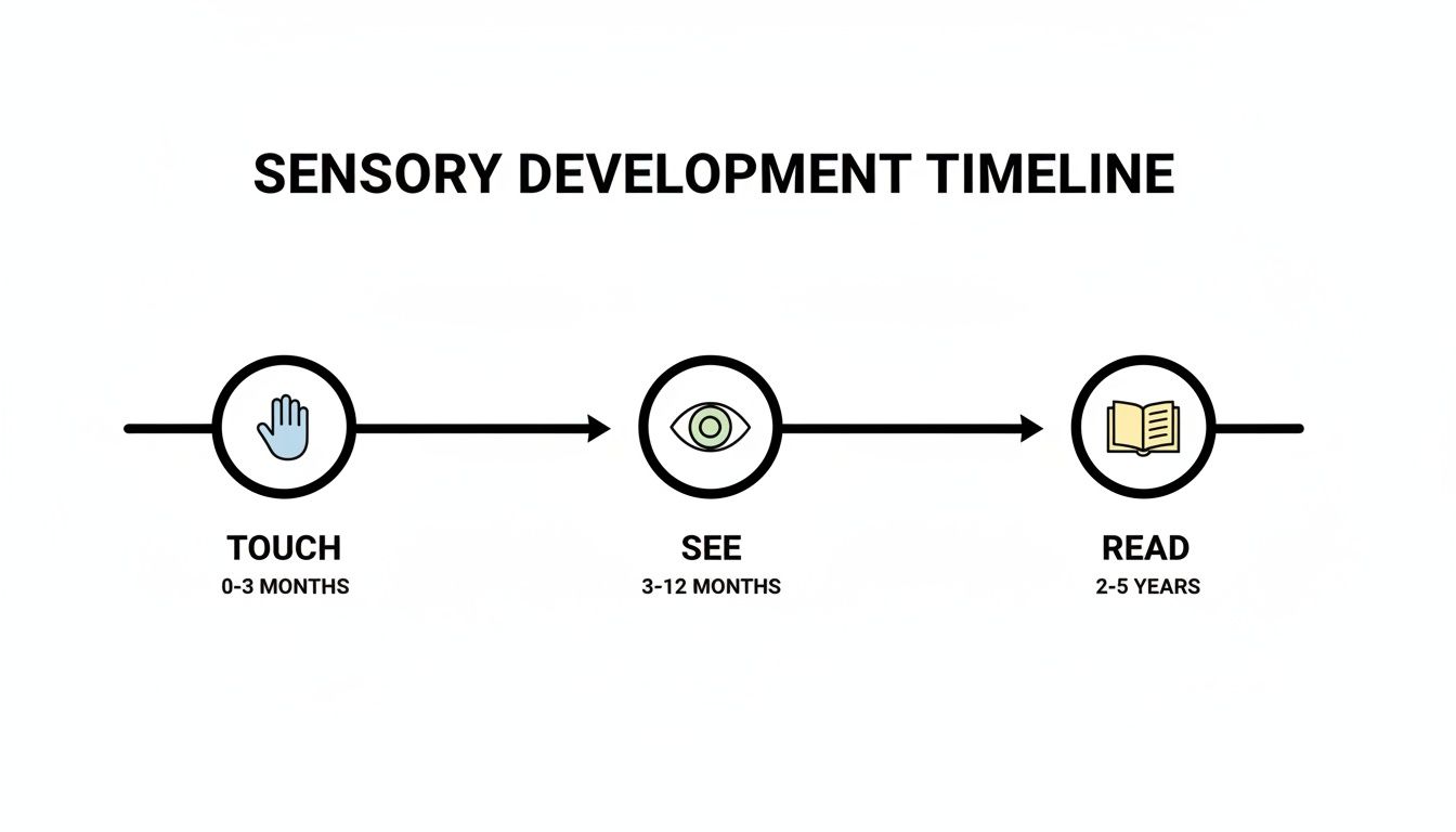 A sensory development timeline illustrating touch, sight, and reading stages with corresponding age ranges.
