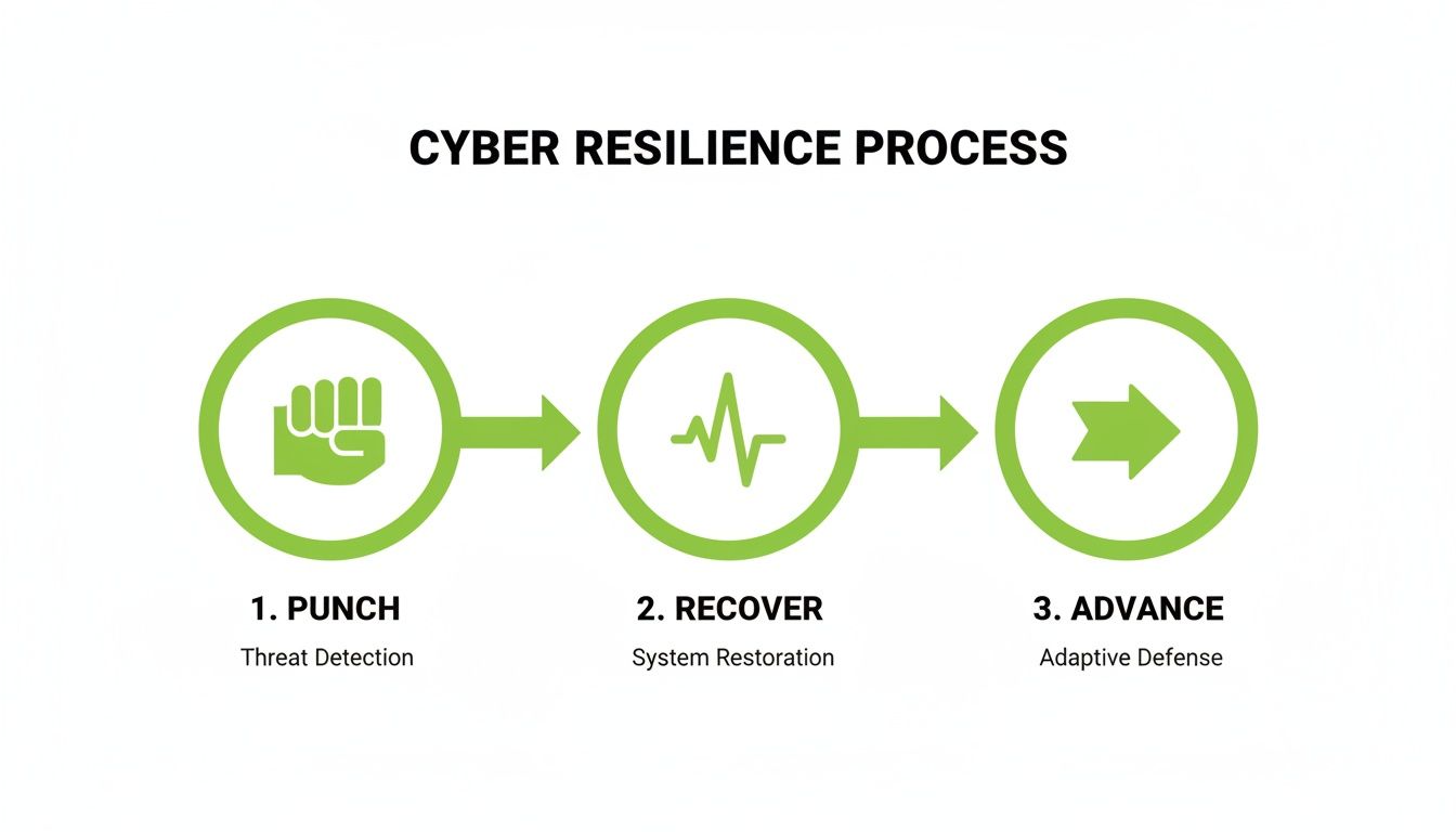 Diagram showing the Cyber Resilience Process: Punch (Threat Detection), Recover (System Restoration), and Advance (Adaptive Defense).