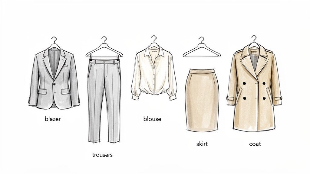 Illustrations of classic business attire on hangers: a blazer, trousers, blouse, skirt, and trench coat.