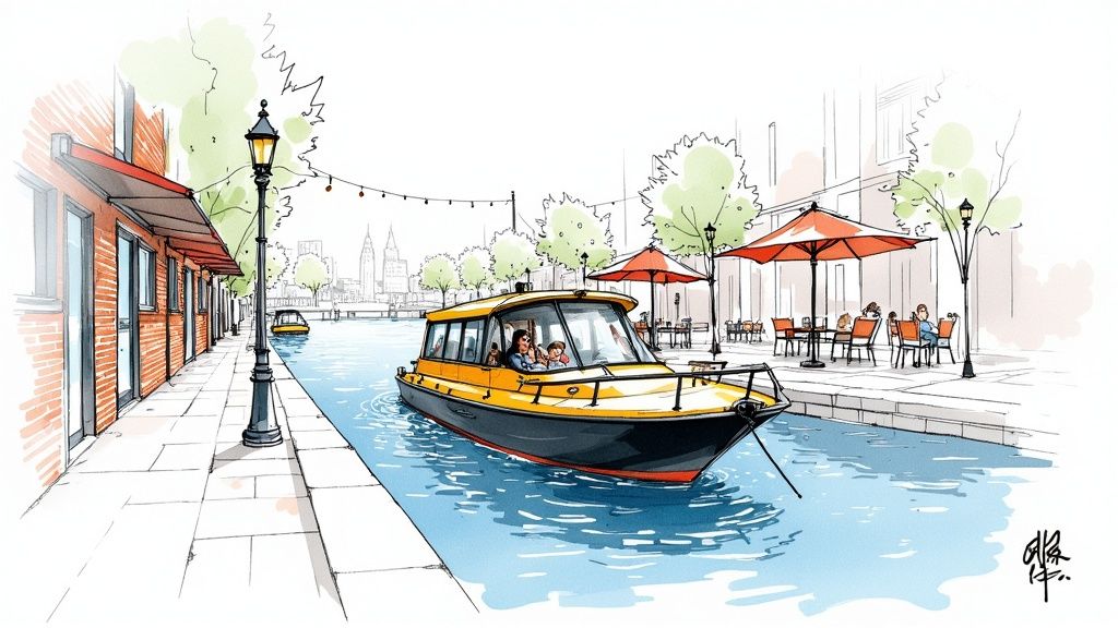 A vibrant illustration of a canal with a yellow boat, a waterside cafe, and brick buildings.