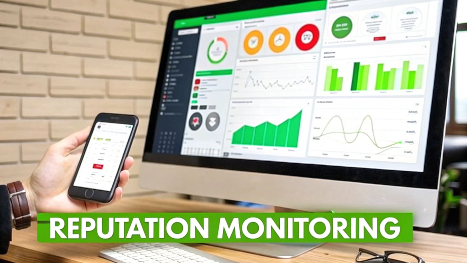 A hand holding a smartphone next to a computer monitor displaying a reputation monitoring dashboard with various charts and graphs.