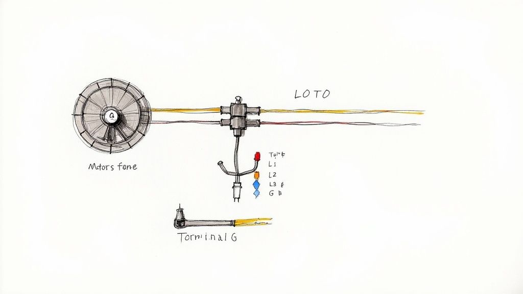 Hand-drawn diagram illustrating the wiring connections for a motor, including terminals and a LOTO system.